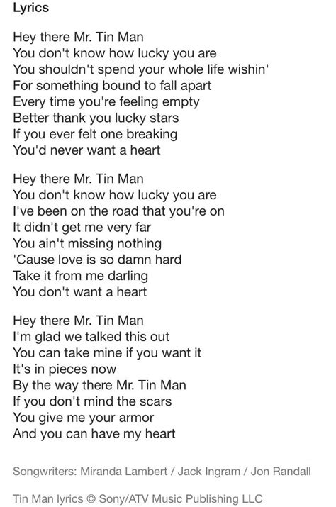Tin Man Lyrics by America from the Hits album- including song video, artist biography, translations and more: Sometimes late When things are real And people share the gift of gab Between themselves Some are quick To take t… 